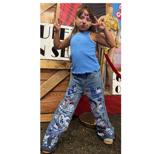 Los Angeles HK Dodgers Jeans for Baseball Games, Cute Girly Baseball Jeans, MLB Fan Apparel, Personalized Graphic Jeans For Kids L.A.D