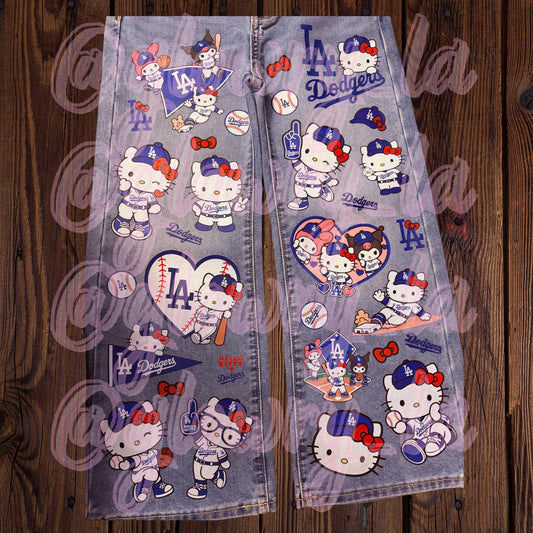 Los Angeles HK Dodgers Jeans for Baseball Games, Cute Girly Baseball Jeans, MLB Fan Apparel, Personalized Graphic Jeans For Kids L.A.D