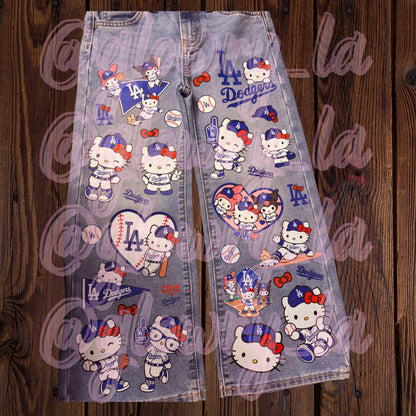 Los Angeles HK Dodgers Jeans for Baseball Games, Cute Girly Baseball Jeans, MLB Fan Apparel, Personalized Graphic Jeans For Kids L.A.D